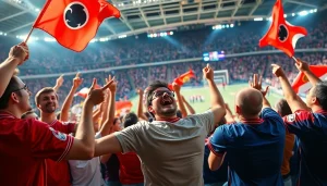 مشهد حدث رياضي مثير مع جماهير تدعم الفرق أثناء مشاهدة koora tv مباشرة.