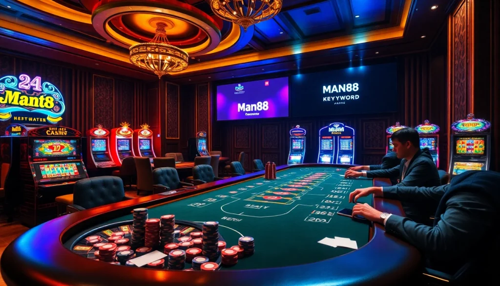 Man88 casino scene with players at a high-stakes poker table and vibrant slot machines