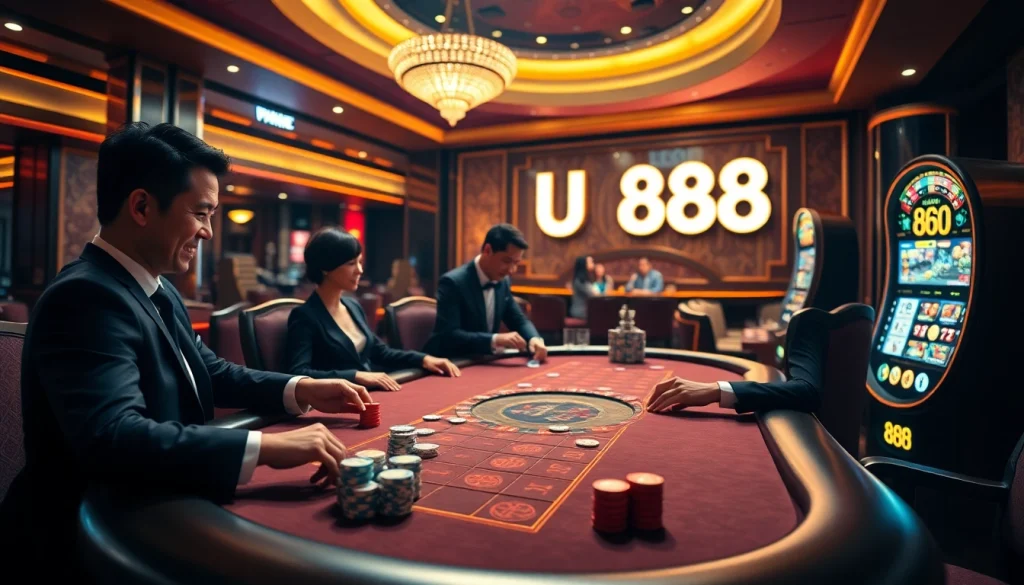 Experience the excitement of U 888 poker with vibrant table action and colorful chips in a luxurious casino setting.