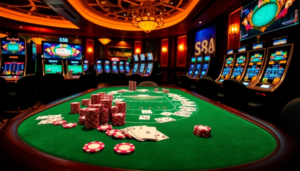 S8 casino gaming scene with vibrant chips and glowing slot machines, embodying excitement.