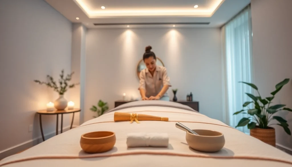 출장마사지 session setup with an elegant masseuse in a serene environment.