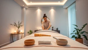 출장마사지 session setup with an elegant masseuse in a serene environment.