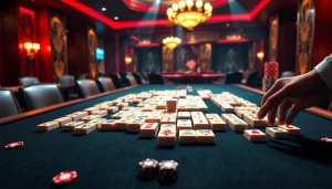 Engage in link mahjong at an upscale casino table with luxurious tiles and gambling elements.