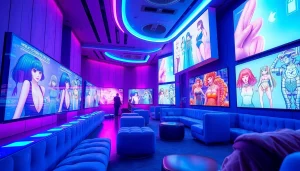 Experience free NSFW character AI in a futuristic digital lounge setting with engaging interactive displays.