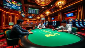 F8BET branding shines on an exciting poker table filled with engaged players and modern gaming elements.
