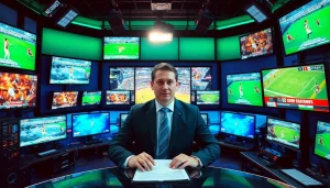Engaging scene of Sports Broadcasting with a presenter and high-tech studio equipment.