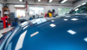 Ceramic coating near me enhancing the shine of a car in a professional detailing workshop.