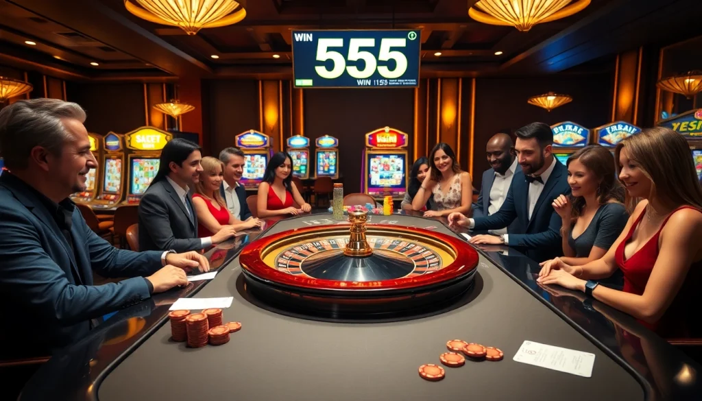 Exciting scene at a casino illustrating the thrill of a 555 win at the roulette table.