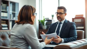 Engaging Miami-Dade County litigation Lawyer discussing case in a modern office, showcasing professionalism.