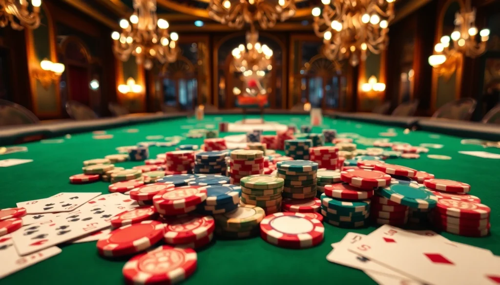 Engaging scene of csgo gambling sites at a poker table, highlighting colorful chips and cards.
