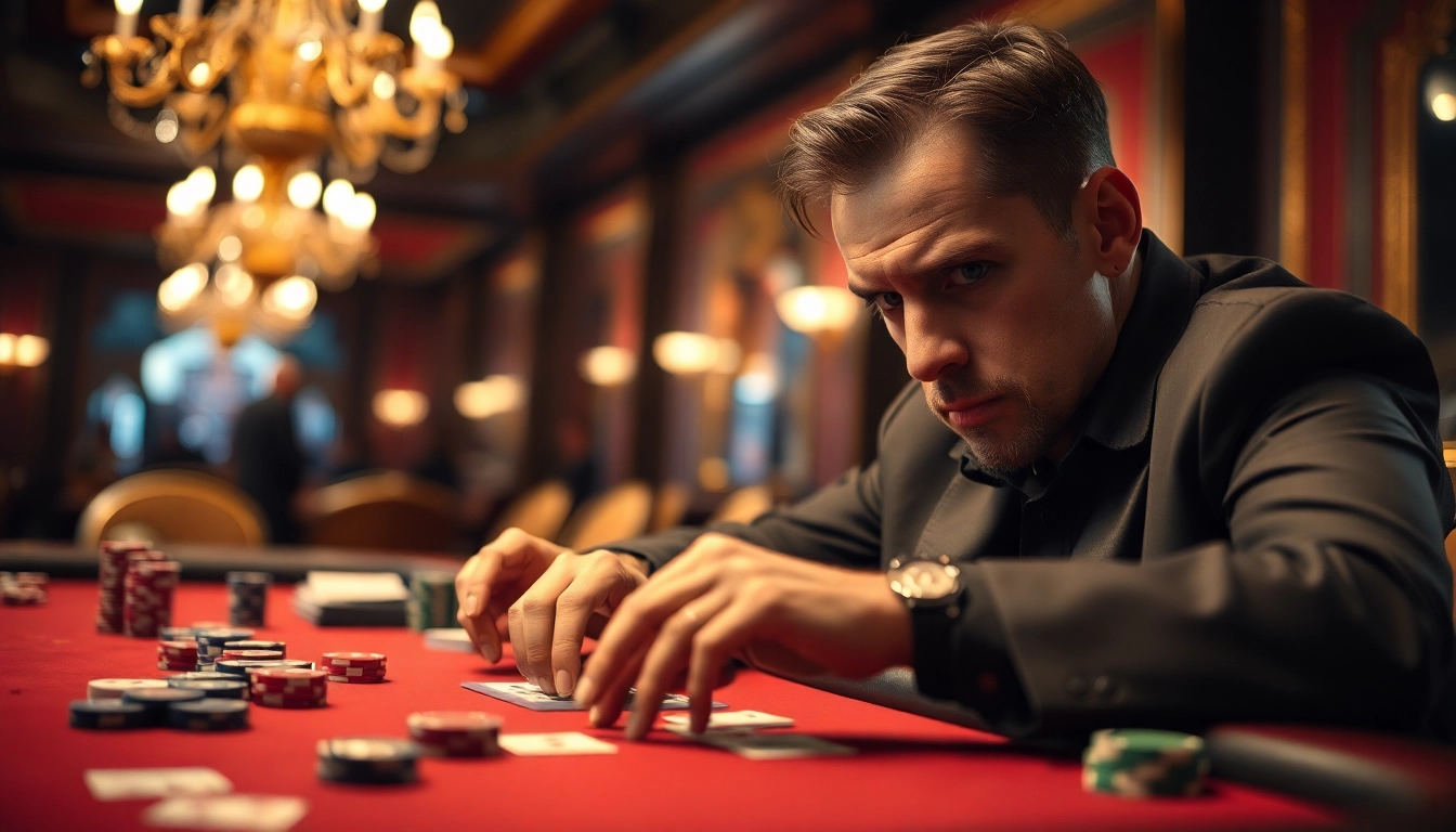 Menggambarkan pemain serius di permainan poker di termokruzhka.com/blog/sovety-kak-vybrat-kachestvennyi-termos berfokus pada chip dan kartu.