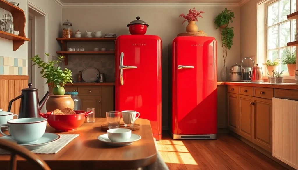 Bright red retro appliance in a warm kitchen setting with vintage decor.