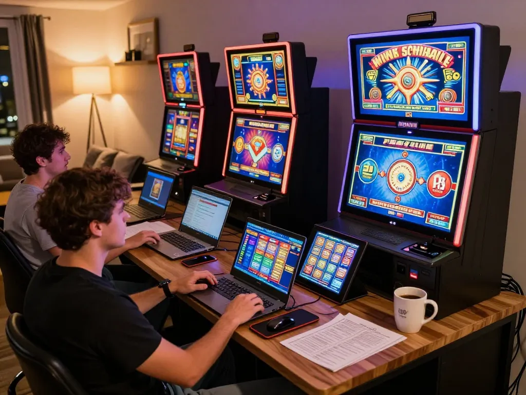 Engaged players exploring situs slot gacor through online slot machines, showcasing a lively home gaming atmosphere.