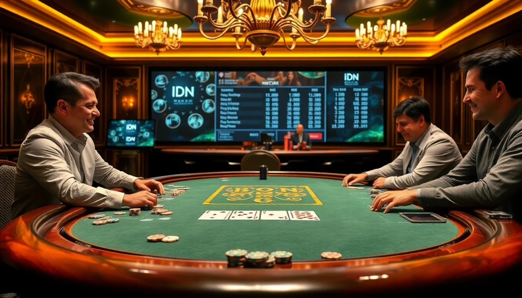 Experience the thrill of idn poker at a luxurious casino table with professional players and high-stakes action.