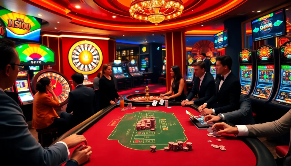 Des joueurs engagés à une table de casino en ligne France luxueuse, montrant excitation et stratégie.