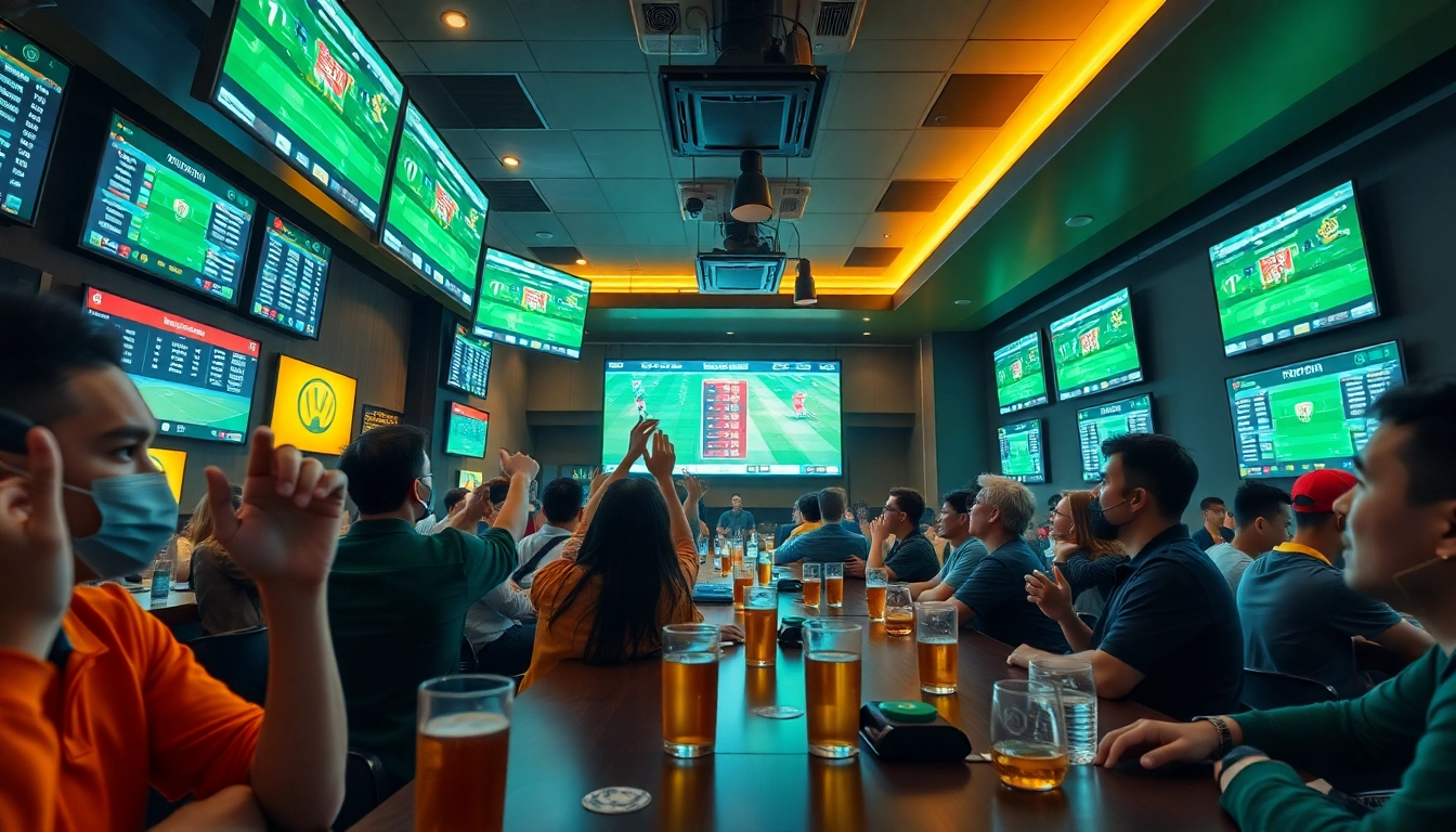 Exciting sports betting scene showcasing tỷ lệ kèo with fans engaged in real-time wagering.