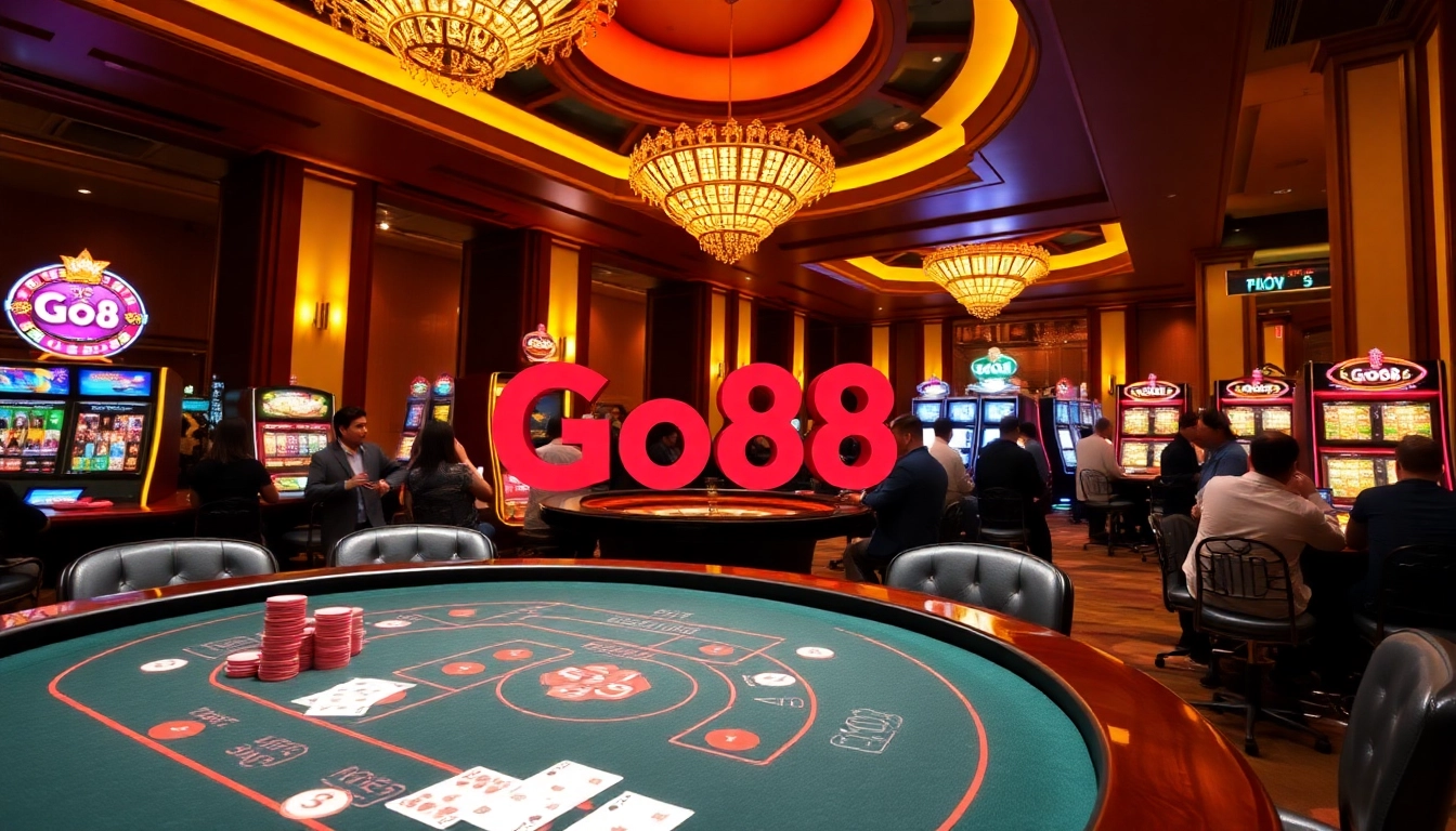 Experience Go88's thrilling casino atmosphere with vibrant slot machines and engaging poker gameplay.