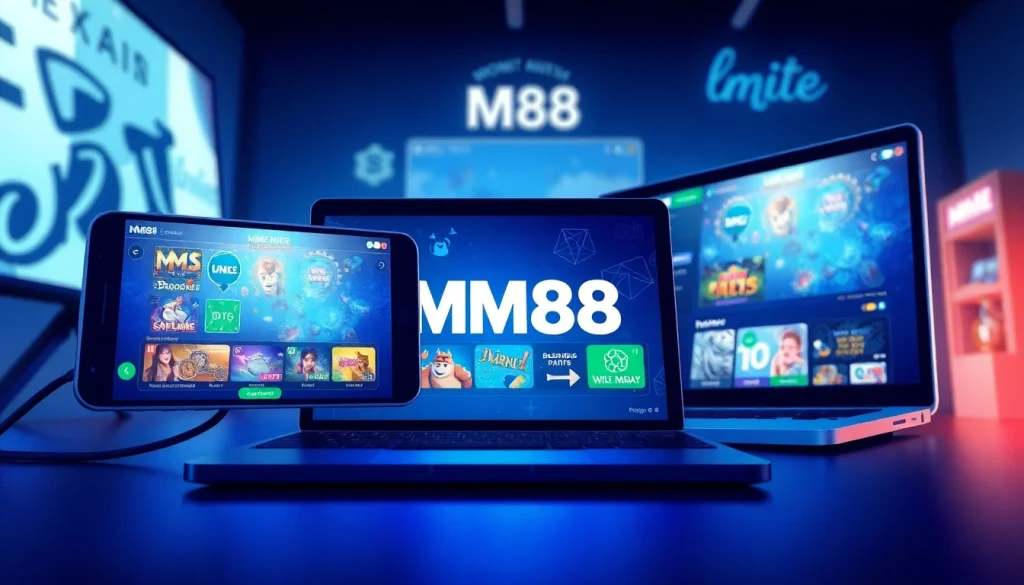 Experience the MM88 online gaming platform through multiple devices, showcasing a user-friendly interface and vibrant graphics.