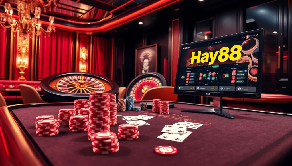 Experience the thrill of Hay88 with an exciting poker table scene highlighting vibrant chips and cards.