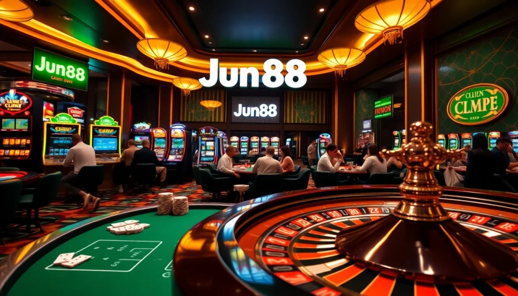 Experience the excitement of Jun88 at a luxurious gaming table with vibrant slot machines and roulette.