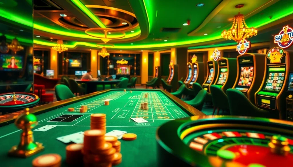 Découvrez l'excitation du casino en ligne France avec une scène de jeu virtuel luxueuse mettant en vedette des tables de poker et des roues de roulette.