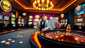 RR88 online casino scene featuring poker, roulette, and vibrant slot machines in action.