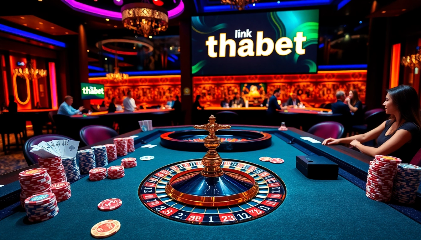 Engage in thrilling poker action with link thabet at a luxurious casino table illuminated by vibrant lights.