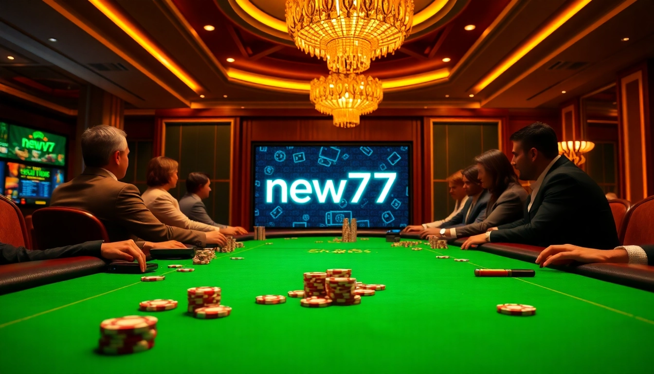 Experience high-stakes poker action with new77 branding in a luxurious casino setting.