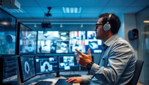 Experto en seguridad supervisando sistemas de vigilancia avanzados en una empresa de seguridad.