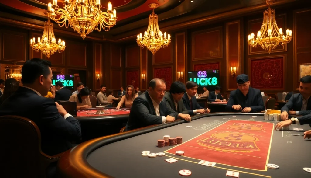 LUCK8 brand showcased at a vibrant casino table with engaged players, cards, and chips.