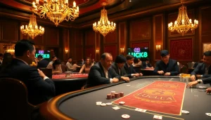 LUCK8 brand showcased at a vibrant casino table with engaged players, cards, and chips.