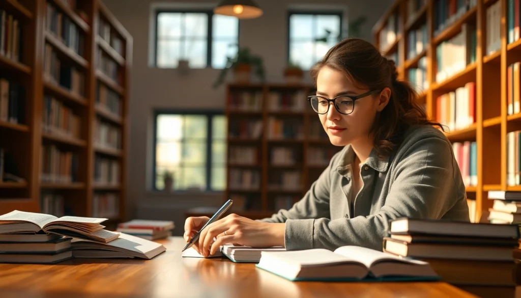 Focused student immersed in exam preparation amidst books and study materials.