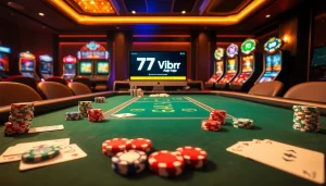 Experience the excitement of gaming at https://777vipbr.app/ with a luxurious casino scene featuring sleek tables, chips, and cards.