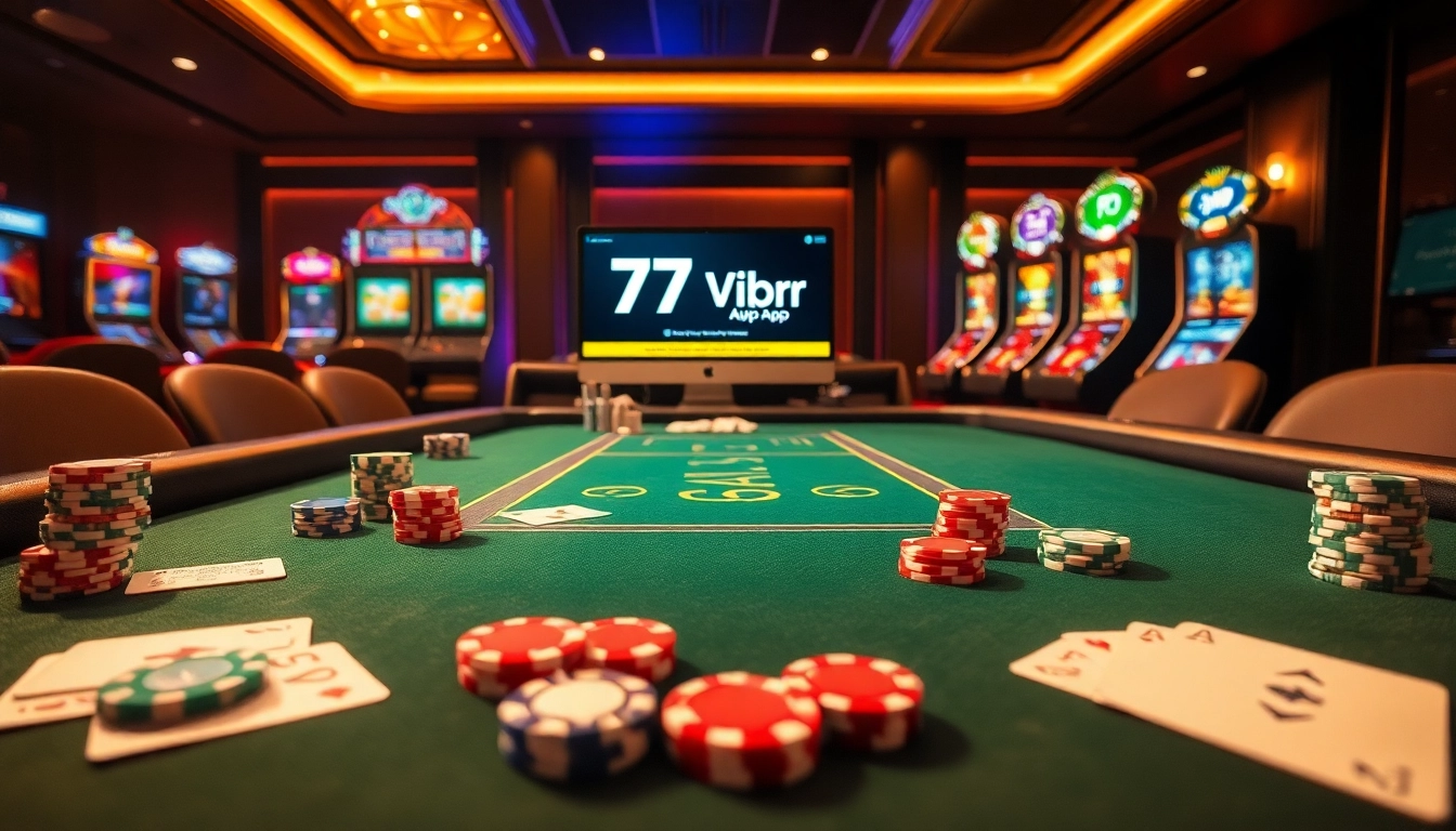 Experience the excitement of gaming at https://777vipbr.app/ with a luxurious casino scene featuring sleek tables, chips, and cards.