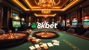 8kbet players enjoying casino games with vibrant poker tables and roulette wheels.