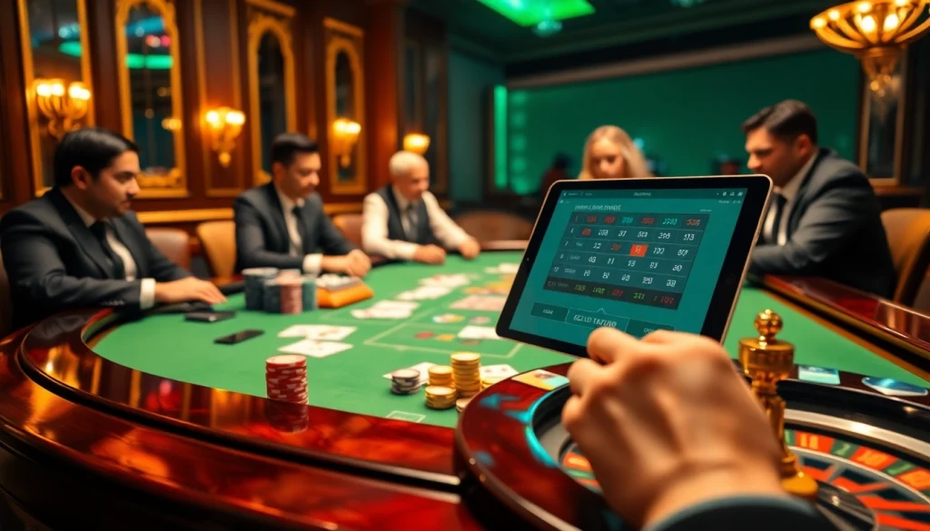 Scène de jeu passionnante mettant en avant le casino en ligne France avec des jetons de poker et des cartes sur une table luxueuse.