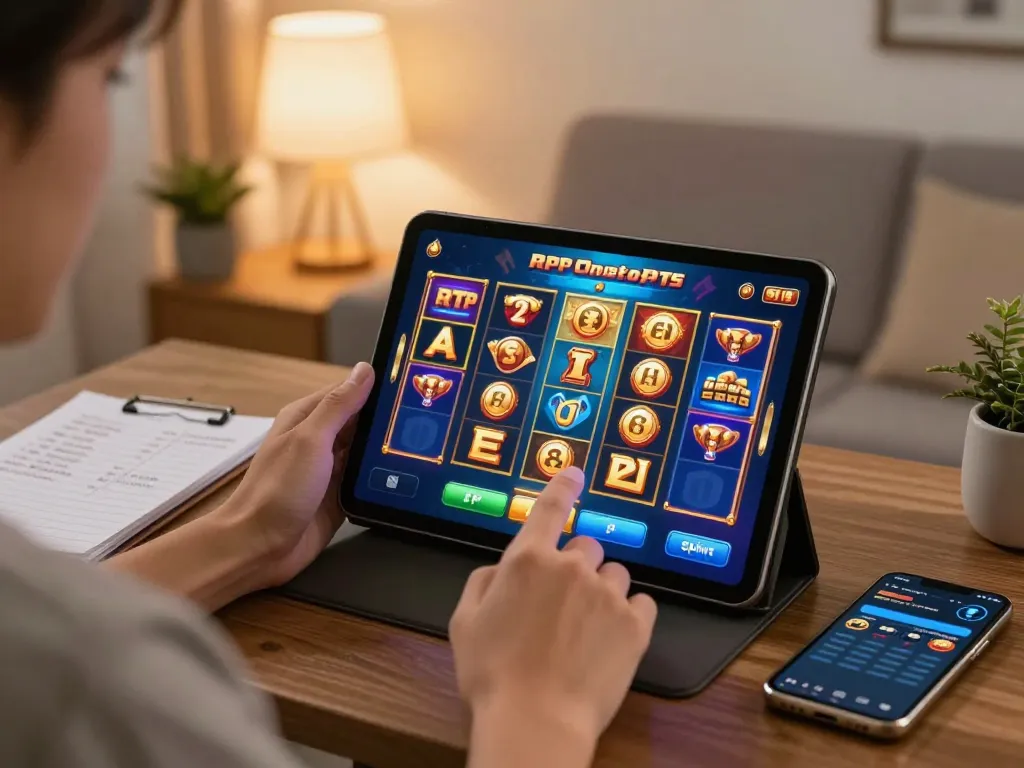 Player engaging in bandar99 slot game on a tablet in a cozy home setting, highlighting strategic gaming