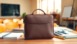 Funktionale Handytasche Schule auf einem Schreibtisch mit Schulmaterialien.