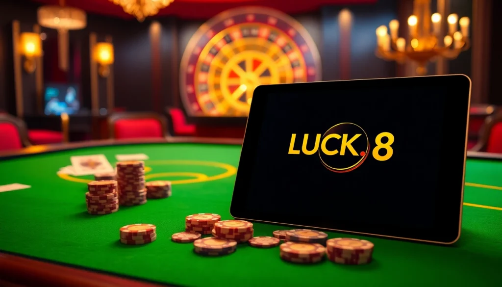 LUCK8 gaming experience with vibrant casino table, poker chips, and digital interface showcasing excitement.