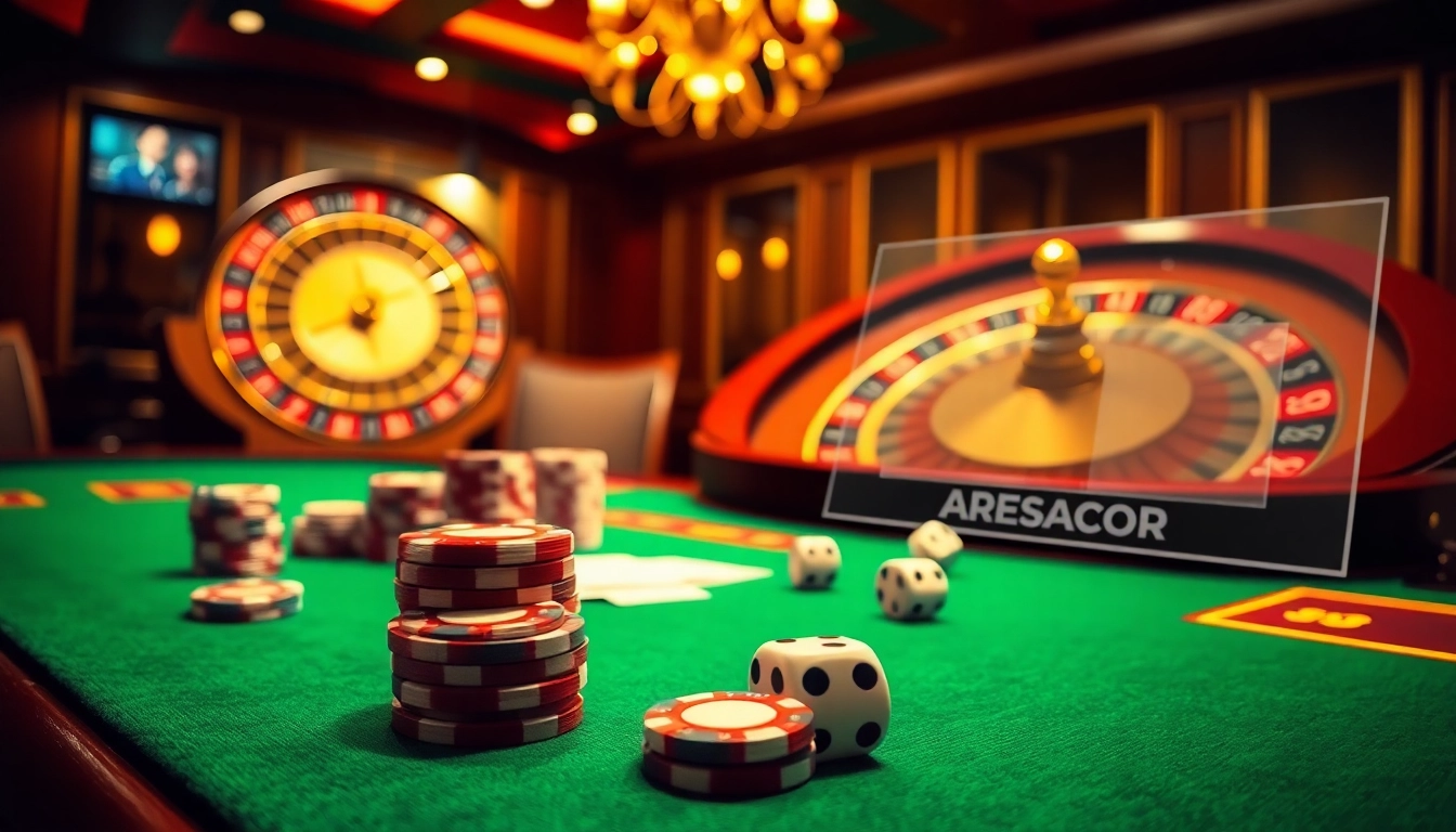 Engage with link aresgacor at an exciting luxury casino scene featuring vibrant poker chips and a roulette wheel.