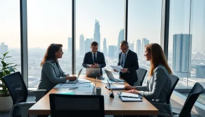 Audit Services in Dubai professionals discussing financial reports in a modern office.