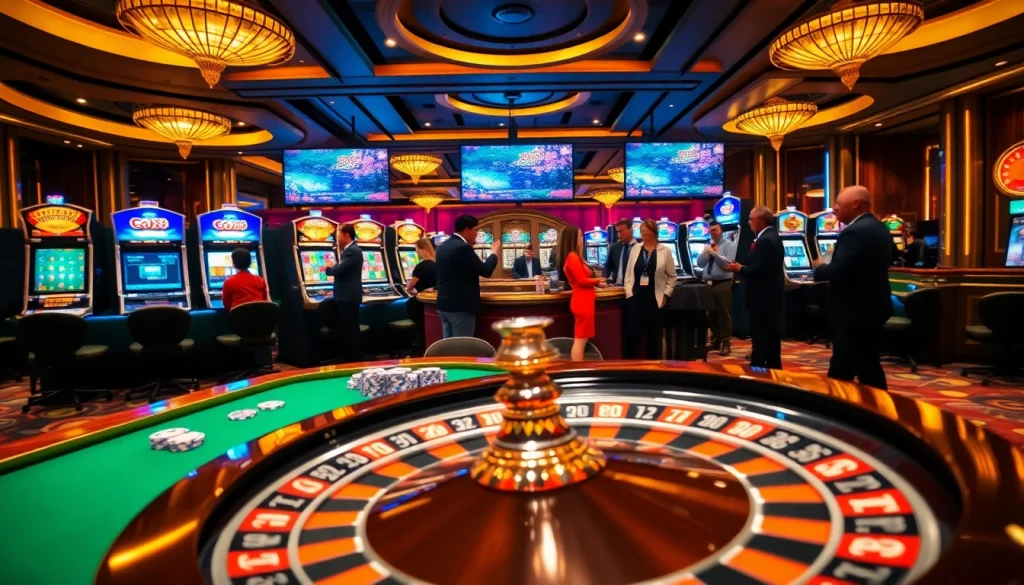 Exciting casino scene with GO88 logo, players at the roulette table, and vibrant slot machines.