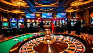 Exciting casino scene with GO88 logo, players at the roulette table, and vibrant slot machines.