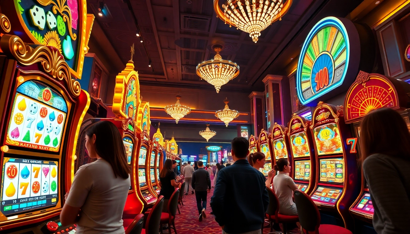 Players enjoying PGSlot games at luxurious casino slot machines amidst bright lights and excitement.