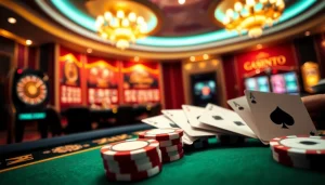 Découvrez un gameplay palpitant dans un casino en ligne France avec des jetons de poker, des cartes et des interfaces de jeu excitantes.