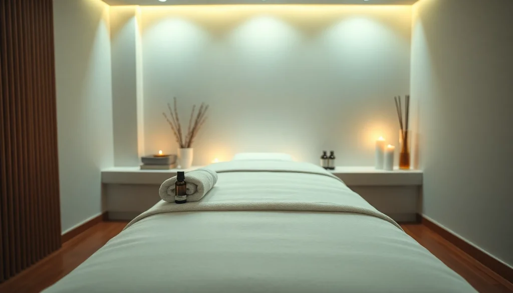 차분한 분위기와 편안한 장식이 있는 마사지 치료실.