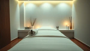 차분한 분위기와 편안한 장식이 있는 마사지 치료실.