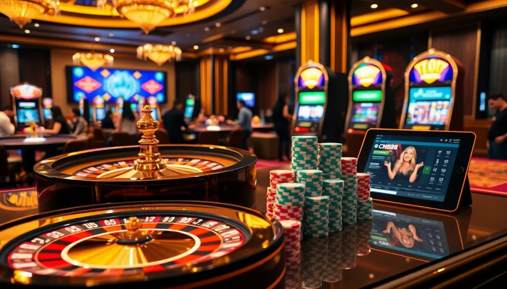 Exciting casino scene with roulette wheel, poker chips, and CM88-themed betting interface.
