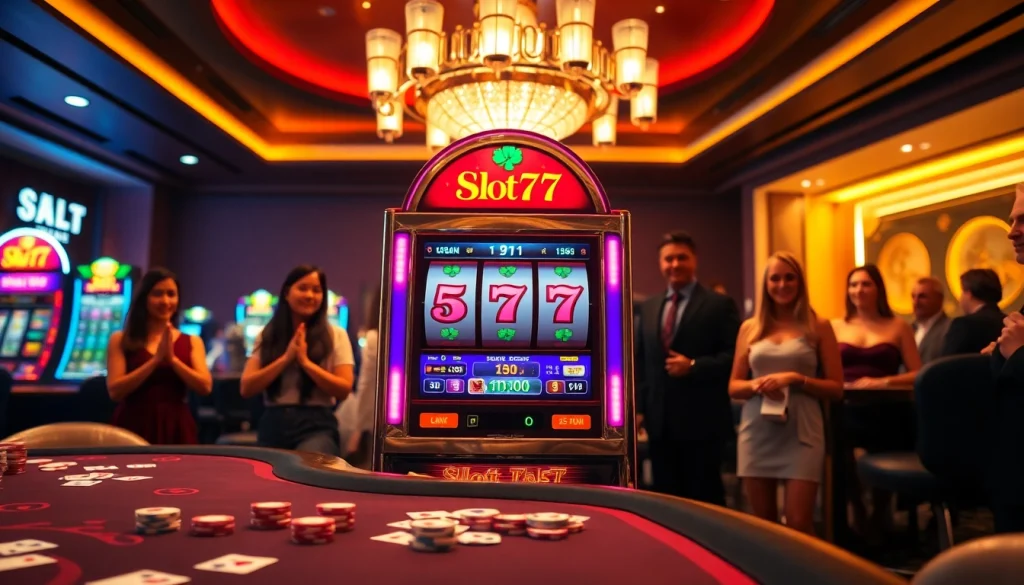 Experience the thrill of winning on the Slot777 machine in a luxurious casino setting.
