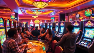 Pemain menikmati permainan bonus slot di kasino yang hidup, merayakan kemenangan dan kegembiraan.